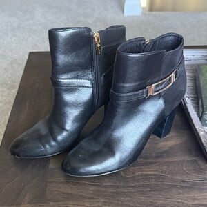 Isola Black Leather Ankle Booties with Gold Accent